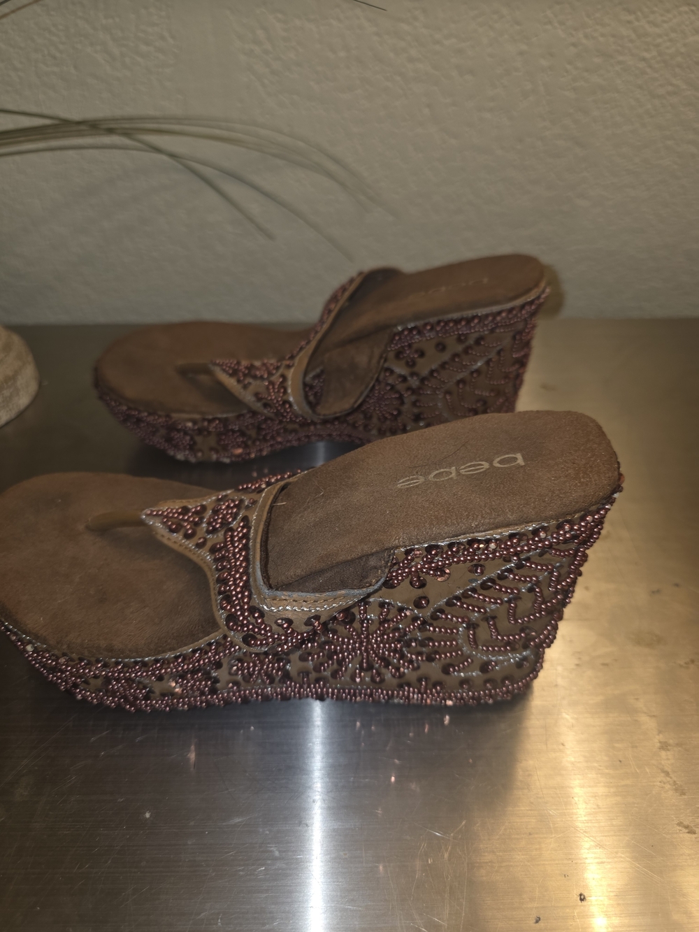 BeBe Brown Beaded Wedge Sandals